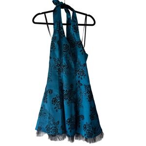Teal Halter Dress Floral Fit Flare Tulle Trim‎ Whimsigoth Fairy Grunge Y2k